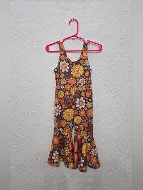 Retro Floral Ruffled Hem Jumpsuit  Brown, Orange & Yellow Size 90 Or 2T
